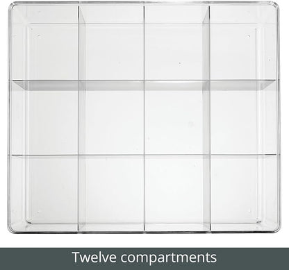 mDesign Plastic 12 Compartment Divided Drawer and Closet Storage Bin - Organizer for Scarves, Socks, Ties Bras, and Underwear - Dress Drawer Organizer, Shelf Organization - Clear