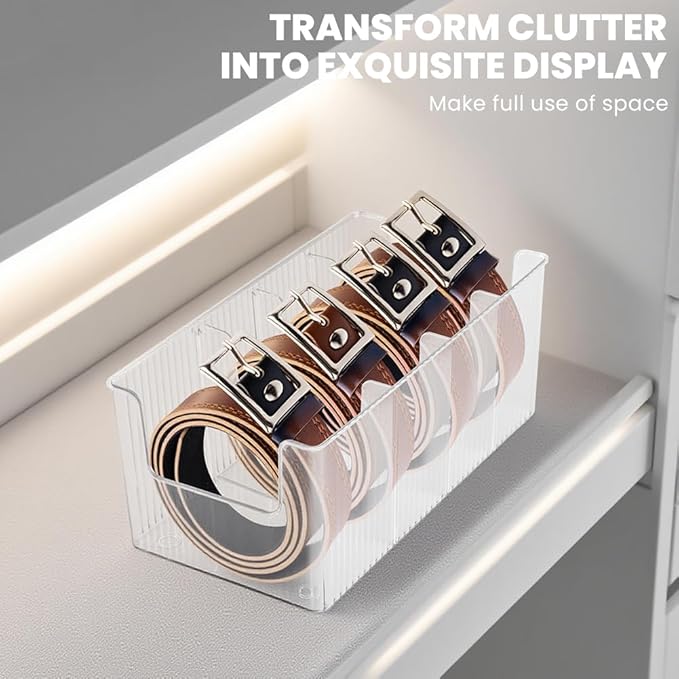 Acrylic Belt Organizer, 2 Pack Clear Stackable Belt Holder for Closet Drawer Storage 4 Compartments with Removable Dividers, Multi-Purpose Display Bins with Inserts for Ties,Socks