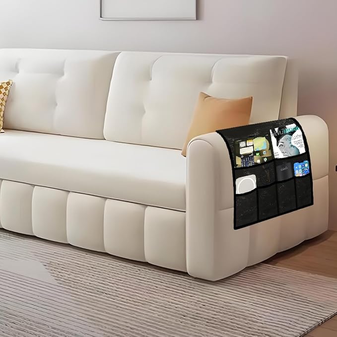 Ntomtuex PU Leather Remote Control Holder for Sofa Armrest Organizer Non-Slip Arm Chair Caddy for Recliner Sofa Caddy Storage with 6 Pockets for Glass Phone TV Remote Control Magazines, Black