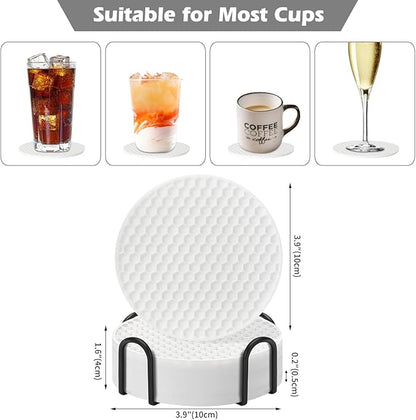 Coasters Set of 6 with Holder,Coasters for Drinks,Coffee Table Decor Coaster,Suitable for Kinds Cups,Anti-Slip,Non-Stick,Silicone Cup Coaster and Living Room Decor (6 Pcs, White)
