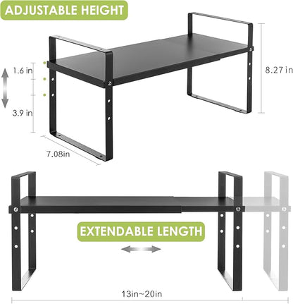 Expandable Cabinet Shelf Organizer Rack, Stackable Kitchen Counter Storage Shelves Stand, Adjustable Height Pantry Shelf Spice Rack (Black, 1 Pack)