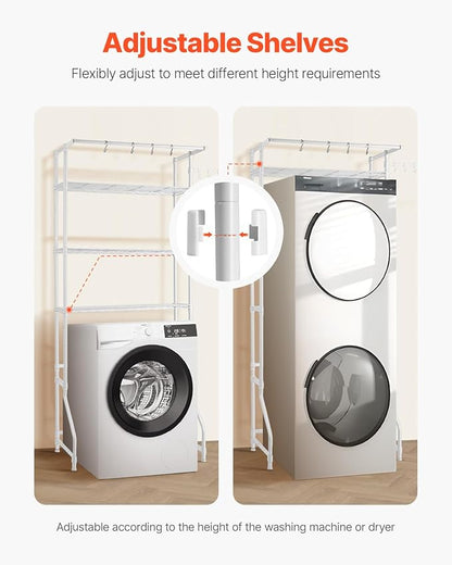 VEVOR Over The Washer and Dryer Storage Shelf, 3 Tier Laundry Room Drying Rack with Hanger Rod and Hooks, Adjustable Over Washer and Dryer Shelves, Laundry Room Shelf Storage Space Saver, White