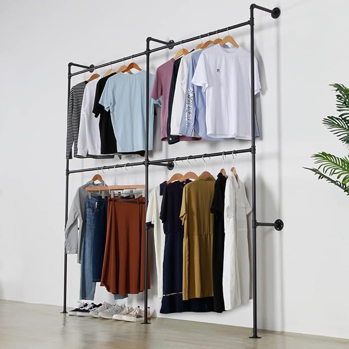 Industrial Pipe Clothing Rack Heavy Duty Double Closet Rod Clothes Rack, Clothing Rods for Hanging Clothes, Wall Mounted Clothes Garment Rack Closet System 90in Black