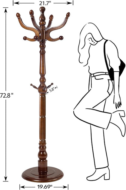 Wood Coat Rack, Heavy Duty Coat Rack Freestanding with 11 Smooth Hooks, Vintage Coat Tree, Clothes Hanger Stand with Stable Disc Base for Entryway, Bedroom (Walnut Brown)