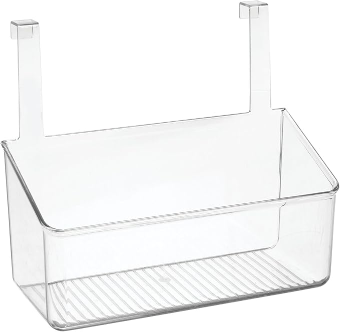 mDesign Plastic Over Cabinet Door Storage Organizer Bin for Kitchen, Pantry, Bathroom, Laundry, Utility Room - Hang Outside or Inside Door - Holds Lunch Bags, Shampoo, Cleaning Supplies, Large - Clear