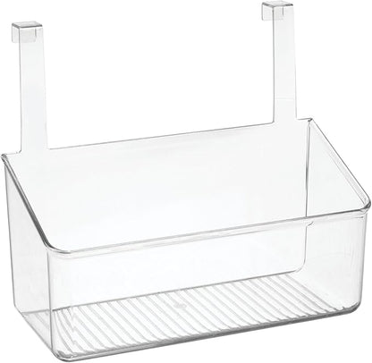 mDesign Plastic Over Cabinet Door Storage Organizer Bin for Kitchen, Pantry, Bathroom, Laundry, Utility Room - Hang Outside or Inside Door - Holds Lunch Bags, Shampoo, Cleaning Supplies, Large - Clear