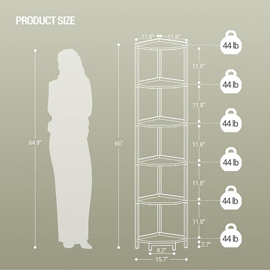 Corner Shelf Stand, Corner Bookshelf, Storage Standing Shelf Unit with Metal Frame, Plant Stand, Bookcase for Living Room, Home Office, Bedroom, 6-Tier White CS06013W