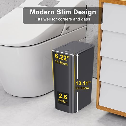 N. NETDOT 3 Pack 10 Liter Small Trash Can with lid, 2.6 Gallon,Garbage Can Slim Trash Bin Waste Basket for Bathroom,Kitchen,Bedroom,Living Room,Office,Laundry - Black