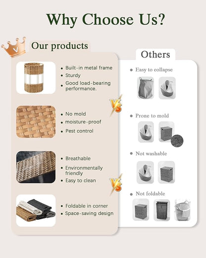 34.3 Gal (130 L) Large Laundry Hamper Laundry Basket Round Handwoven Wicker Laundry Baskets Rattan Laundry Basket with Removable Bag Handles 2 Mesh Bags for Living Room Bedroom Brown (No Lid)