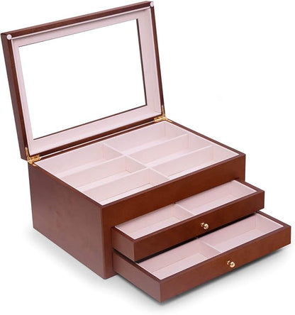 Bey-Berk Luxury Designer 18 Eyeglass and Sunglass Storage Box in Real Wood, Extra Large Slots, Soft Velour Lining, Dresser Organizer