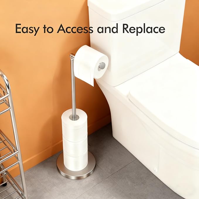 DAWNER 26" Toilet Paper Holder Free Standing, Stainless Steel Toilet Paper Stand, Heavy Weighted Base Floor Tissue Roll Holder for Small Bathrooms, Small Space and Apartments, Brushed Nickel Finish