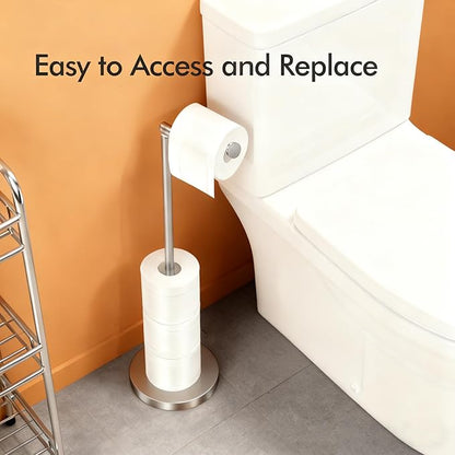 DAWNER 26" Toilet Paper Holder Free Standing, Stainless Steel Toilet Paper Stand, Heavy Weighted Base Floor Tissue Roll Holder for Small Bathrooms, Small Space and Apartments, Brushed Nickel Finish