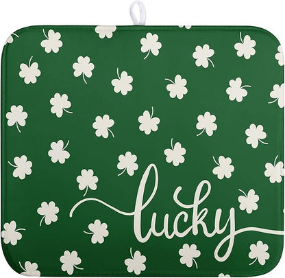 Wnoesat St Patrick Shamrock Drying Mat for Kitchen Counter Green White Lucky Clover Drying Dish Mat St Patricks Day Absorbent Microfiber Dish Drying Pad Reusable Dry Mat 16 x 18 Inch
