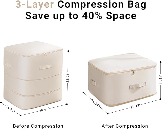 2-Pack Comforter Storage Bag Large Capacity Blanket Storage Bags, Ultra Space Saving Self Compression Organizer, Washable Compression Bags for Comforter Blanket Bedding Duvet Pillow (Beige)