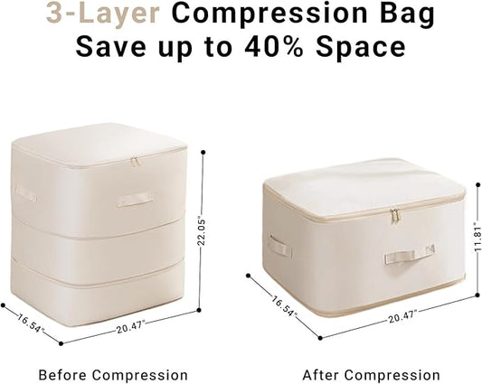 2-Pack Comforter Storage Bag Large Capacity Blanket Storage Bags, Ultra Space Saving Self Compression Organizer, Washable Compression Bags for Comforter Blanket Bedding Duvet Pillow (Beige)