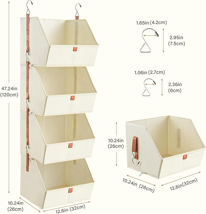 4 Tier Hanging Closet Organizer,Disassemblable Clothes Hanging Shelves,Fabric Closet Organizer System for Space-Saving,Foldable Storage Basket for Bedroom, Rv (2 Pack,Beige)