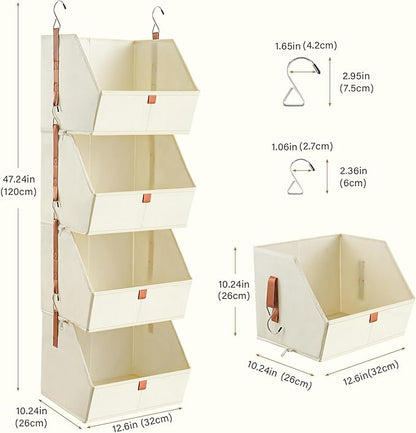 4 Tier Hanging Closet Organizer,Disassemblable Clothes Hanging Shelves,Fabric Closet Organizer System for Space-Saving,Foldable Storage Basket for Bedroom, Rv (1 Pack,Beige)