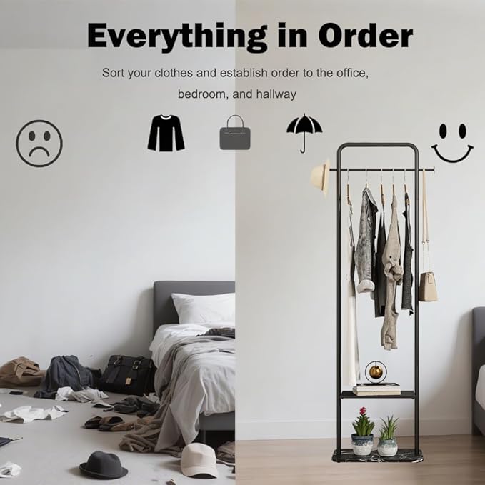 Black Clothing Rack, Free Standing Coat Hanger Stand with Stable Marble Base, Metal Coat Rack for Outerwear, Handbags, Entryways and Halls (Black, 19.7")