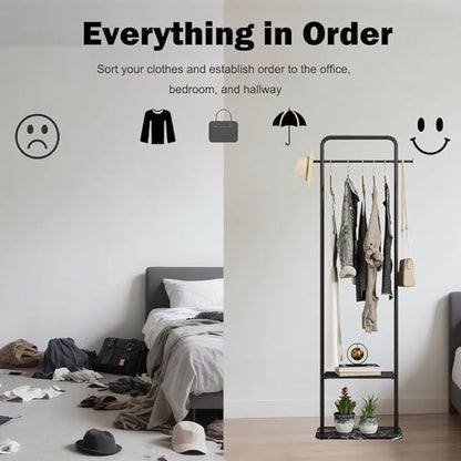 Black Clothing Rack, Free Standing Coat Hanger Stand with Stable Marble Base, Metal Coat Rack for Outerwear, Handbags, Entryways and Halls (Black, 19.7")