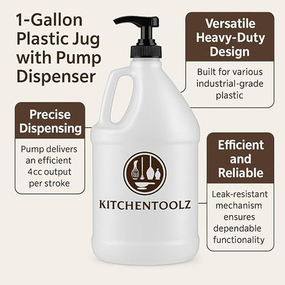 Kitchentoolz 1-Gallon Plastic Jug with Pump Dispenser - Ideal for Epoxy Resin, Laundry Detergent, Liquid Soap, Snow Cone Syrup, Batter
