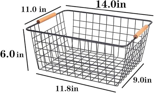 LeleCAT Large black wire basket for Organizing with Wooden Handles,pantry refrigerator organizers and storage,Snack Storage Baskets for Cabinets, Closets, Bedrooms, kitchen -2pack（Black）