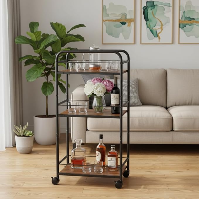 Bar Cart, Small Bar Cart for Small Spaces, 3-Tier Rolling Kitchen Cart on Wheels, Slim Narrow Liquor Cart with Protective Fence, Industrial Mini Coffee Station for Home, Rustic Brown