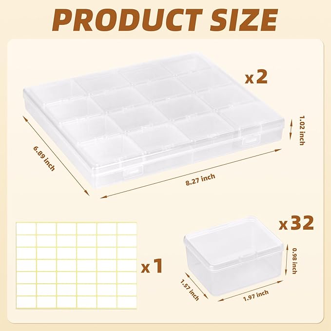 Cokapo Bead Organizer Box, 32 Pcs Small Clear Bead Organizers and Storage, Plastic Storage Containers with Hinged Lids and Labels for DIY Jewelry, Diamond Art, Small Parts, Crafts, Bracelet, Nail Art
