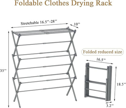 Foldable Drying Rack Clothing, 3-Tier Portable Clothes Drying Racks for Indoor & Outdoor, Anti-Rust Compact Laundry Rack Collapsible, Grey 28" D x 10" W x 35" H