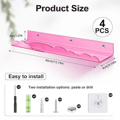 Rainbow Acrylic Floating Shelves, 15in Kids Wall Mounted Nursery Bookshelves, Display Ledge for Books Toys Cosmetic Storage, Bathroom Bedroom Living Room Wall Organizer, 4 Pack, Pink
