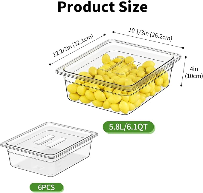 FORITRUE 1/2 4'' 6 Pack Plastic Food Pans With Lids, Clear Food Pan, Commercial Stackable Polycarbonate Freezer-Safe for Fruits Vegetables Restaurant Kitchen
