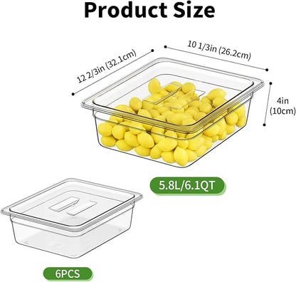 FORITRUE 1/2 4'' 6 Pack Plastic Food Pans With Lids, Clear Food Pan, Commercial Stackable Polycarbonate Freezer-Safe for Fruits Vegetables Restaurant Kitchen
