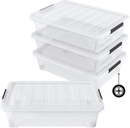 Tyminin Pack of 4 Stackable Plastic Containers with Durable Latching Lids, Under Bed Storage Containers, 40 Quart