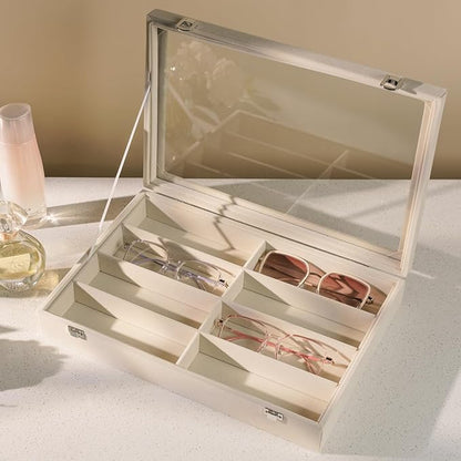 XHMQYC Glasses Holder Box Drawer Sunglass Organizer for Men Clear Wide Storage Case 8 Slots Multiple Reading Glasses Display, Beige Velvet With Clear Glass Lid