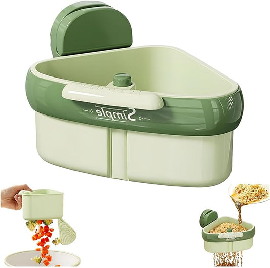 Suction Cup Sink Corner Rack – Triangular Basket with Drain, Self-Cleaning Strainer & Sponge Holder, No-Drill Wall Storage (Green)