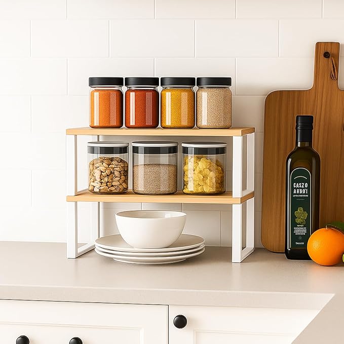 Sben Cabinet Organizer Shelf, Set of 2 Kitchen Counter Shelves, Kitchen Storage, Spice Rack, Stackable, Expandable, Metal and Engineered Wood, Cloud White and Natural Beige