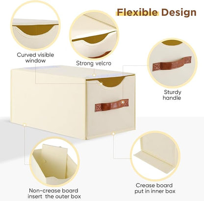2 Pack Stackable Storage Drawers, Fabric Closet Organizers and Storage with Handles and Clear Window, Pull-Out Clothes Storage Bins with Drawer for Closet, Bedroom, Living Room, Under Bed, Beige