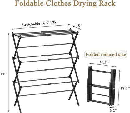 Foldable Drying Rack Clothing, 3-Tier Portable Clothes Drying Racks for Indoor & Outdoor, Anti-Rust Compact Laundry Rack Collapsible, Black 28" D x 10" W x 35" H