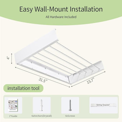 Wall Mounted Drying Rack for Laundry Retractable Clothes Dryer Racks 31.5” with 60 lb Capacity, Heavy Duty Clothing Drying Rack Foldable Space-Saving Design for Indoor & Outdoor