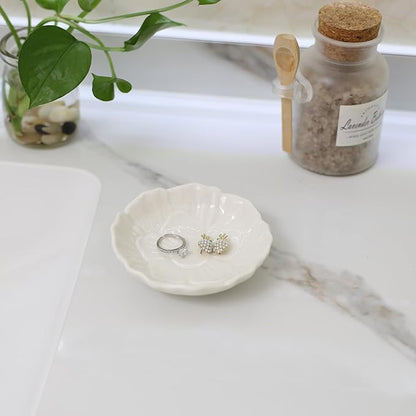 YZMICSTAR Flower Ring Dish Holder,Jewelry Dish Tray,Small Trinket Tray,Jewelry Plate Bowl,Key Bowl,Decorative Plate,Birtdhay Christmas Gifts for Women Friends,Ceramic White