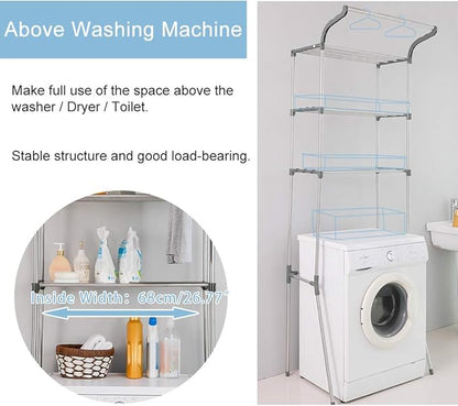 BAOYOUNI 3-Tier Over The Laundry Shelf Above Toilet Washing Machine Dryer Storage Utility Rack Clothes Hanger Rod Standing Bathroom Organization Space Saving Shelving Units, Grey