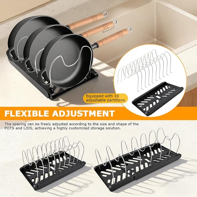 DiQiRenQin Pot and Pan Organizer, Expandable Pan Organizer for Cabinet, Pot Lid Holder with 10 Adjustable Compartments for Kitchen Cabinet Cookware Baking Frying Rack(Black)