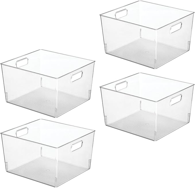 mDesign Large Modern Stackable Plastic Storage Organizer Bin Basket with Handles for Bathroom Vanity Organization - Shelf, Cubby, Cabinet, or Closet Organizing Decor - Ligne Collection - 4 Pack, Clear