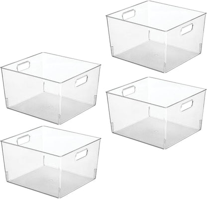 mDesign Large Modern Stackable Plastic Storage Organizer Bin Basket with Handles for Bathroom Vanity Organization - Shelf, Cubby, Cabinet, or Closet Organizing Decor - Ligne Collection - 4 Pack, Clear
