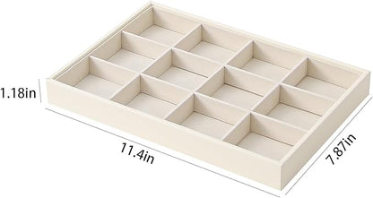 Stackable Jewelry Organizer Tray For Drawers,White Leather Small Earring Storage Tray,Bracelet And Necklace Display Box,Jewelry Ring Display Case (Creamy White 12 Grids)