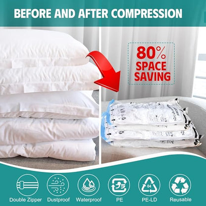 12 Pack Vacuum Storage Bags, Space Saver Compression Bags for Clothing, Comforters, Blankets, Vacuum Seal Bags with Hand Pump. (3×Jumbo, 3×Large, 3×Medium, 3×Small)