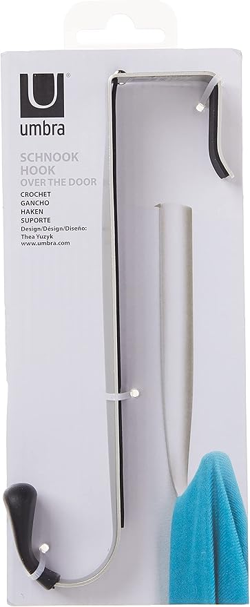 Umbra Schnook Heavy Duty Over The Door Hook for Coats, Robes, Towels, Clothes, Hats, Bags, Easy to Install and Damage Free, Space Saving Bathroom Hook, Nickel/Black