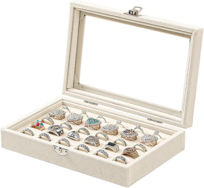 Ring Holder Organizer Box,Jewelry Ring Display Case, Earring Necklace Storage Tray With Top Glass Lid (Beige, 30 Slots Ring)