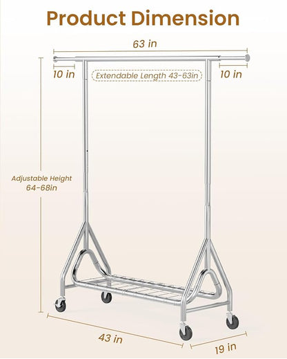 Heavy Duty Clothing Rack, Metal Clothes Rack Load 450 LBS, Rolling Coat Racks for Hanging Clothes with Lockable Wheels, Wardrobe Closet Garment Racks for Bedroom, Silver