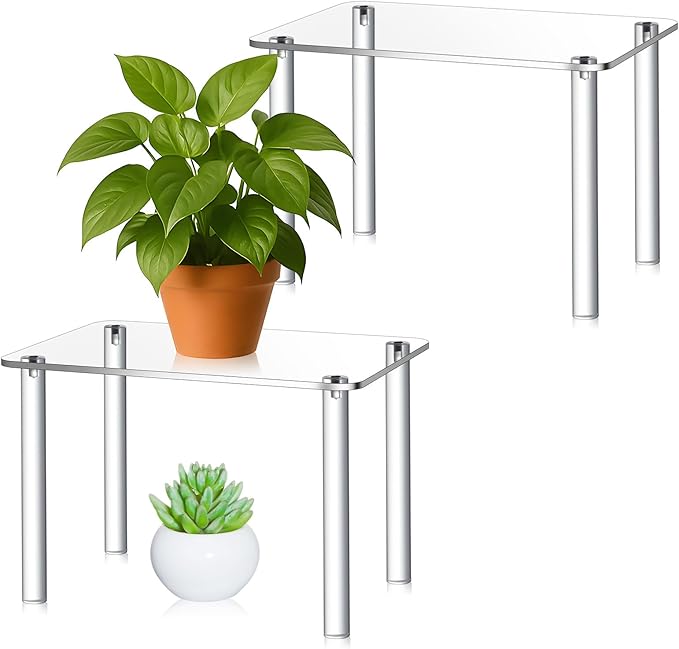 2 Pcs 12 Inch Acrylic Risers Display Stands Rectangular 4-leg Acrylic Plant Stand, 6mm Thick Clear Shelf Riser Display Stands for Decor Collectibles Figures and Item Photography