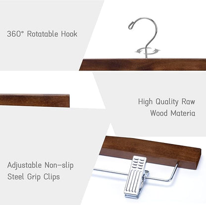 Nature Smile Solid Lotus Wood Deluxe Wooden Pants Hangers Bottom Hanger Jeans Hanger Skirt Hanger with 2-Adjustable Clips Anti Rust Hook 20 Pack (Retro)